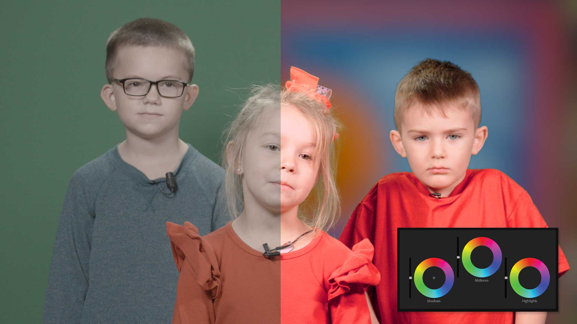 Screenshot of a video showing three children with one half of the screen color corrected and the other half in dull colors