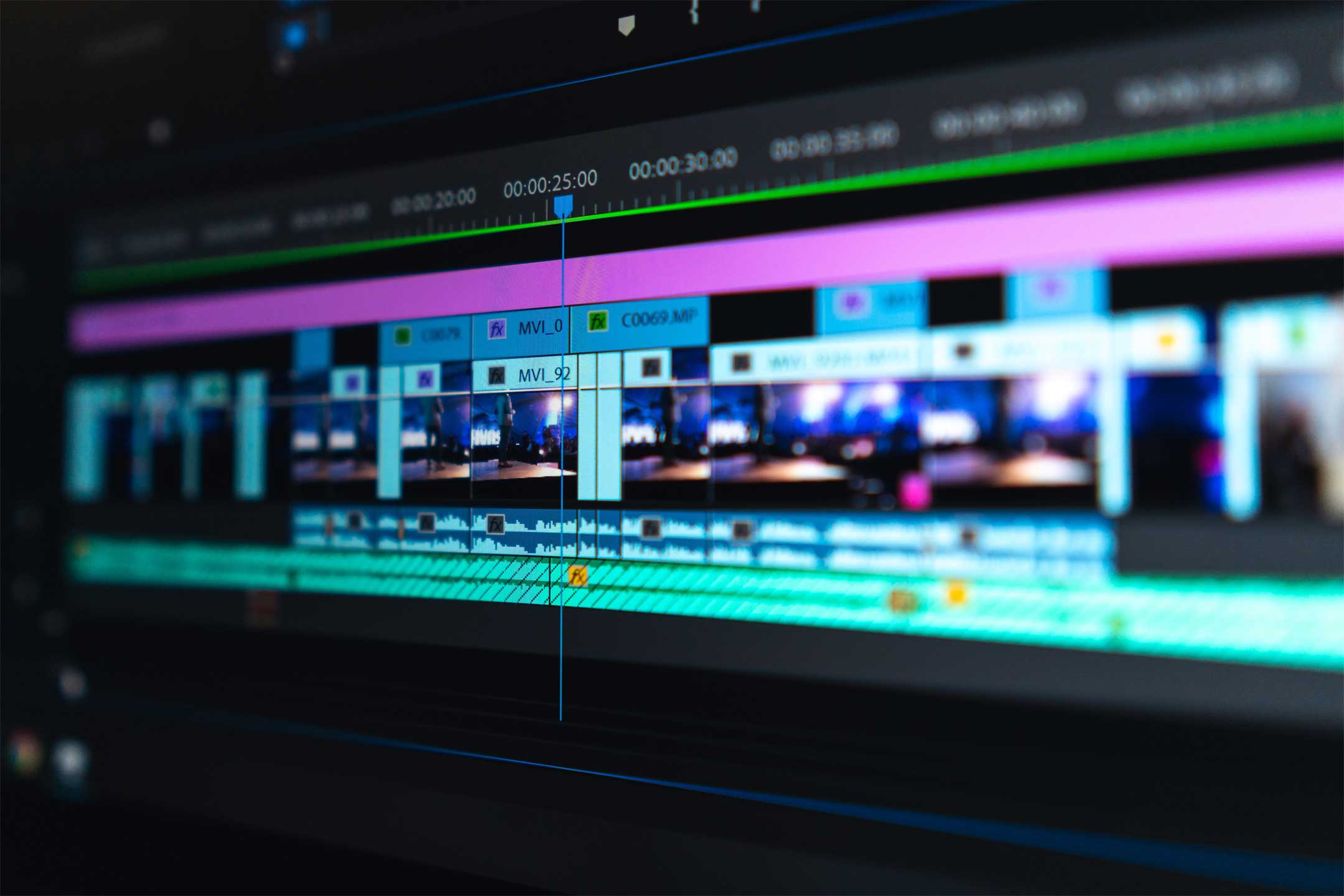 Up close view of computer screen showing video editing program